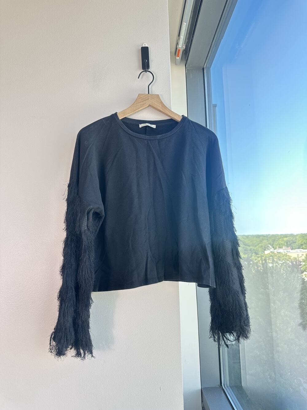 Zara Trafaluc Women's 100% Cotton Black Furry Sleeve Sweatshirt Sz S